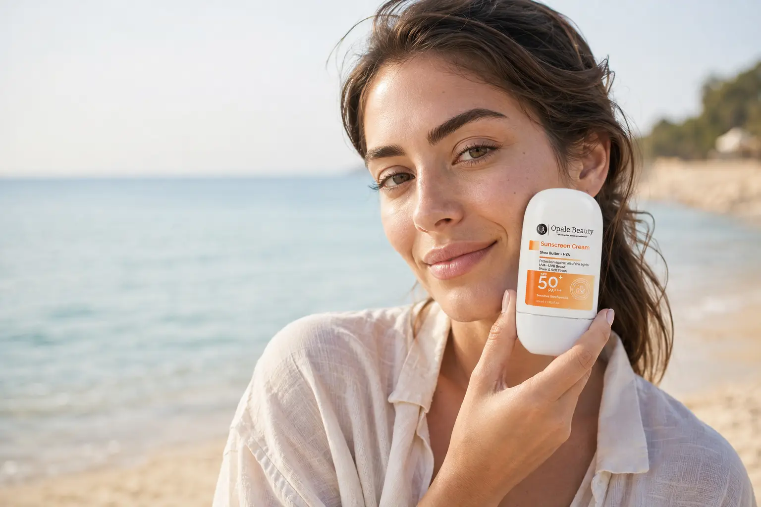 Sahilde Opale Beauty Sunscreen Cream SPF 50+ kullanan kadın